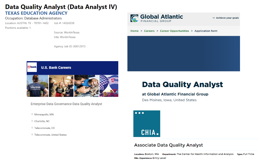 Data quality analyst job posting examples: Data Quality Analyst (Data Analyst IV) at Texas Education Agency, Data Quality Analyst at Global Atlantic Financial Group, Enterprise Data Governance Data Quality Analyst at US Bank, Associate Data Quality Analyst at CHIA