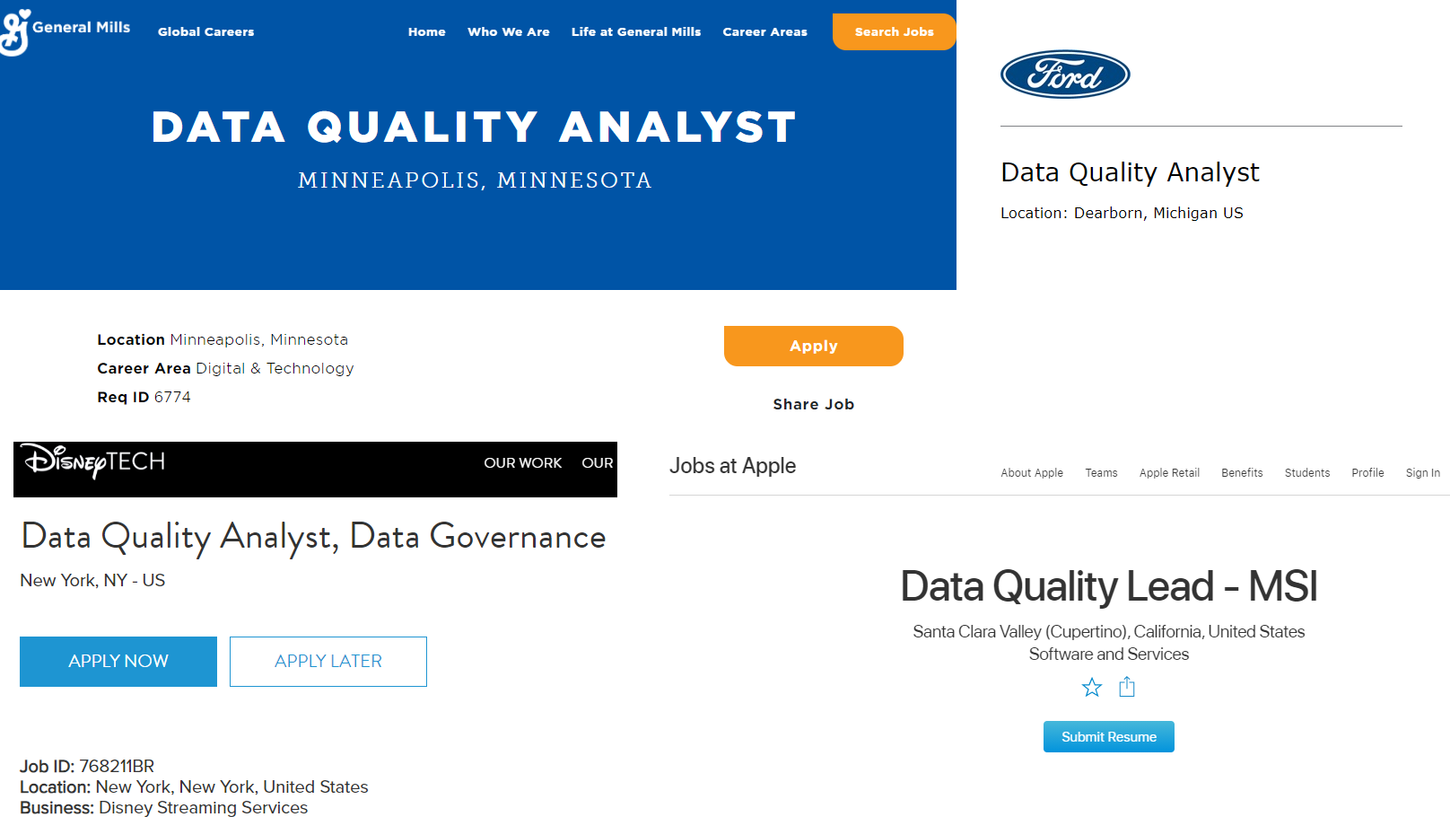 Data quality job posting examples: Data Quality Analyst at General Mills, Data Quality Analyst at Ford, Data Quality Analyst, Data Governance at Disney Streaming Services, Data Quality Lead at Apple